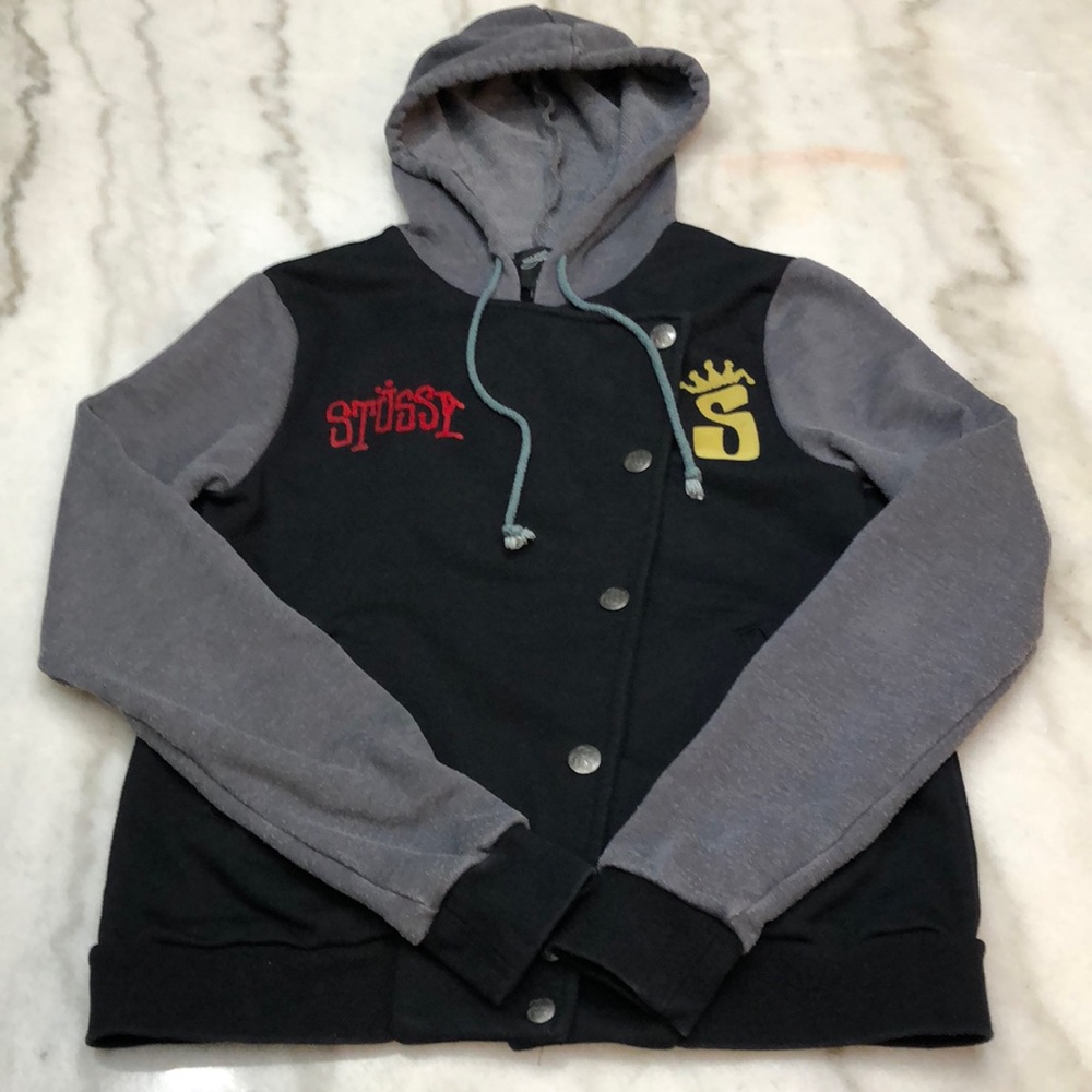 Stussy Black Hoodie with Gray Sleeves and Red Logo